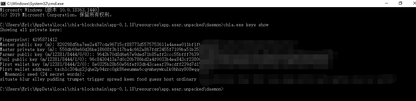 如何获取Chia P盘公钥，私钥，助记符种子等，CMD下操作简单容易！-我爱收益